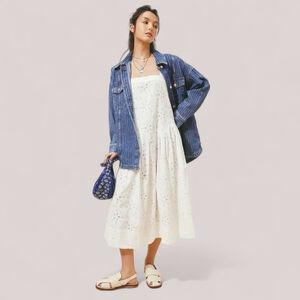 Free People Primavera Eyelet Tie Midi Dress White Cottagecore Boho Sz S NWT